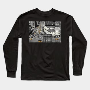 Black and white photograph of a busy Manhattan intersection in the Meatpacking District, with highlighted yellow cabs Long Sleeve T-Shirt